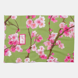 Rosa Cherry Blommars Chartreuse Grönt Monogrammed Kökshandduk