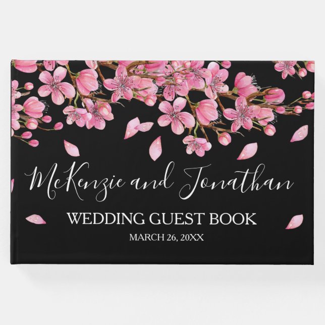 Rosa Cherry Blommars on Black Bröllop Gästböcker (Framsida)