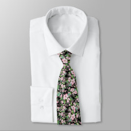 Rosa Cherry Blommars on Black Neck Tie Slips