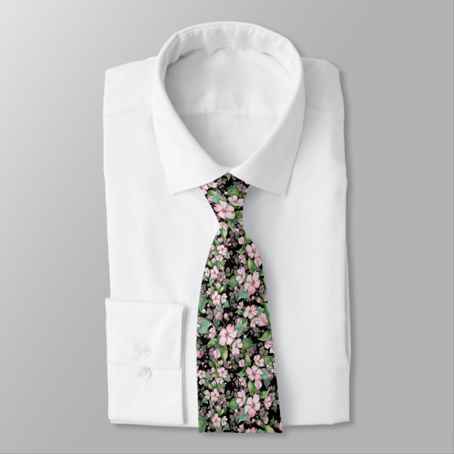 Rosa Cherry Blommars on Black Neck Tie Slips (Bunden)