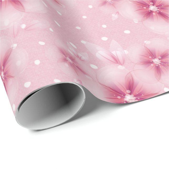 Rosa Cherry Blommars on Dots Wrapping Papper Presentpapper (Rullad Hörn)