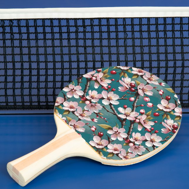 Rosa Cherry Blommars Teal Background Pingisracket (Insitu)