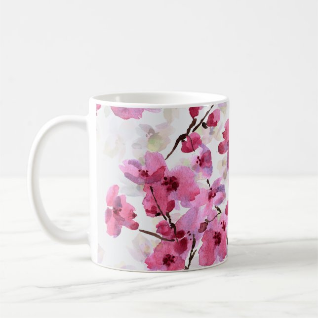 Rosa Cherry Blommars Watercolor Seamless. Kaffemugg (Vänster)