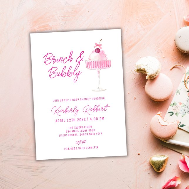 Rosa Cherry Champagne Brunch BubLY Baby Shower Inbjudningar (Pink Cherry Champagne Brunch Bubbly Baby Shower Invitation)
