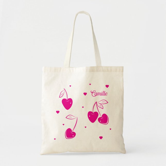 Rosa Cherry Hearts Whimsical Cute Shape Namn Tygkasse (Framsidan)