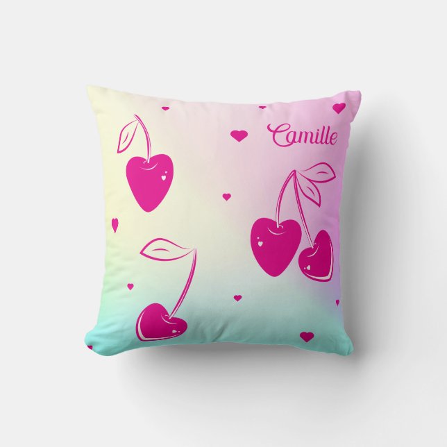 Rosa Cherry Hearts Whimsique Cute Rainbow Namn Kudde (Framsida)