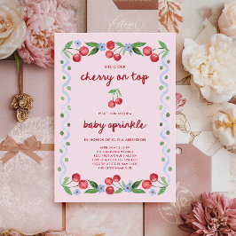 Rosa Cherry on Top Whimsical Vintage Baby Sprinkle Inbjudningar