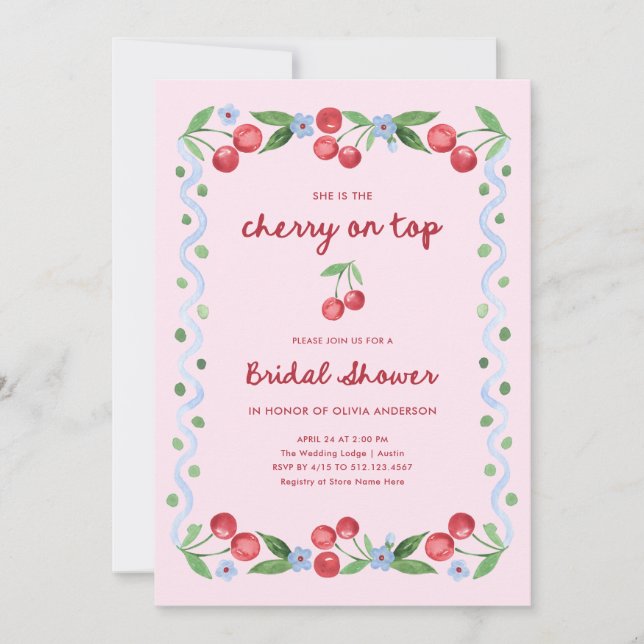 Rosa Cherry överst | Whimsical Retro-Möhippa Inbjudningar (Framsida)