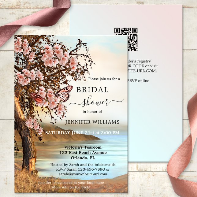 Rosa Cherry Träd Butterfly Möhippa Inbjudningar (Bridal shower invitation with a cherry tree and pink butterflies on the waterfront - with QR code)