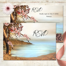 Rosa Cherry Träd Ocean Butterfly Bröllop OSA Card