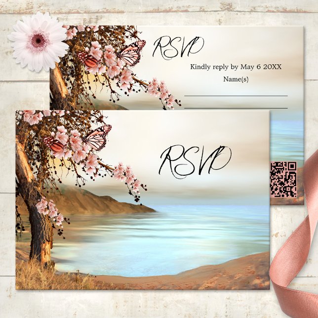 Rosa Cherry Träd Ocean Butterfly Bröllop OSA Card Inbjudningar (Spring wedding RSVP card featuring a cherry tree with pink butterflies at the waterfront)