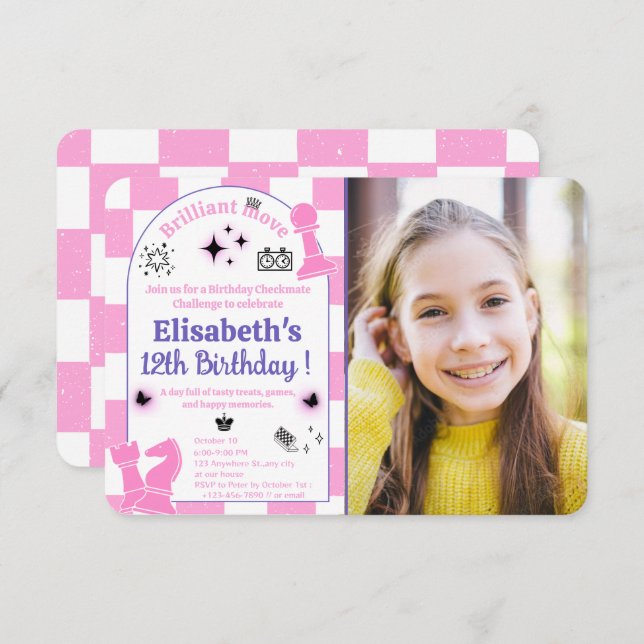 Rosa Chess-Födelsedagsfest för flickor med foto Inbjudningar (Fram/baksida)