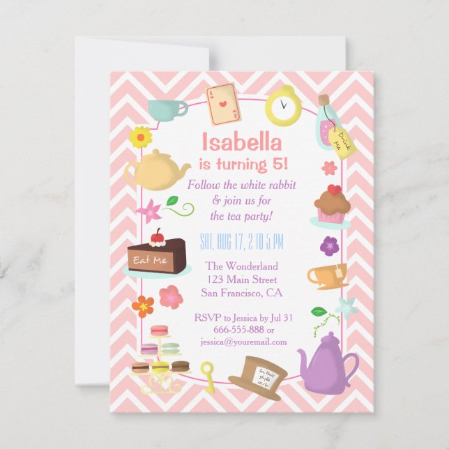 Rosa Chevron Alice i Wonderland Tea Party Inbjudningar (Framsida)