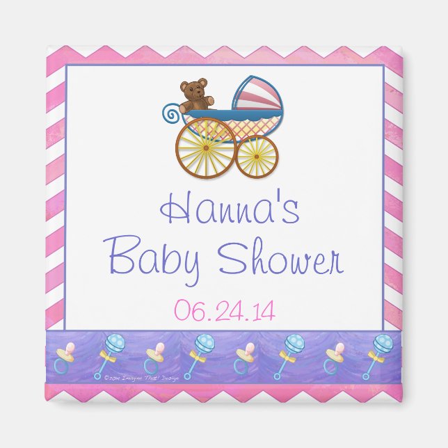 Rosa Chevron Baby Pram Baby Shower Favor Magnet (Framsidan)
