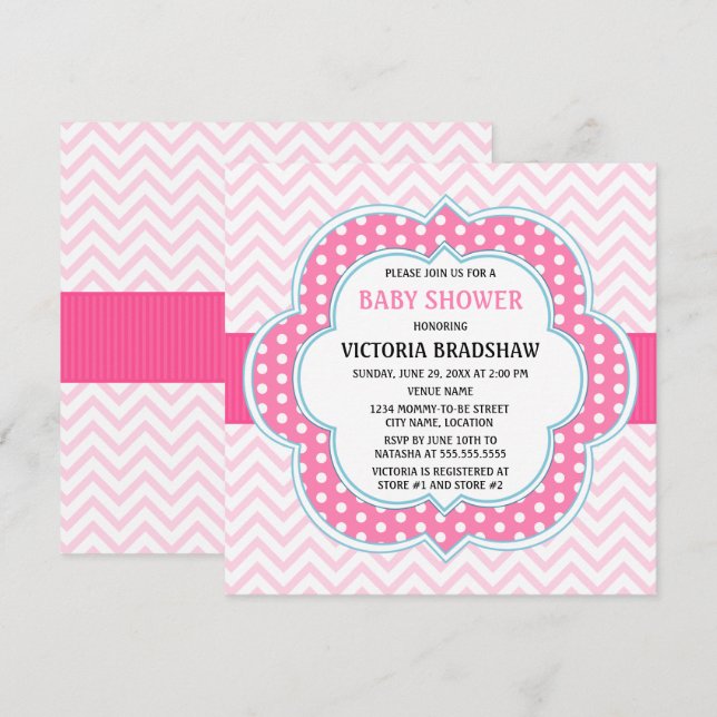 Rosa Chevron Baby Shower Inbjudningar (Fram/baksida)
