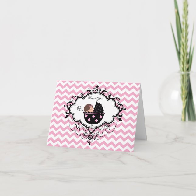 Rosa Chevron Baby Shower Tack du Cards (Framsida)