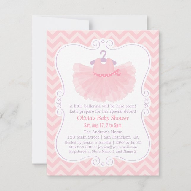Rosa Chevron Ballerinakjol Flicka Bebis Shower Inbjudningar (Framsida)