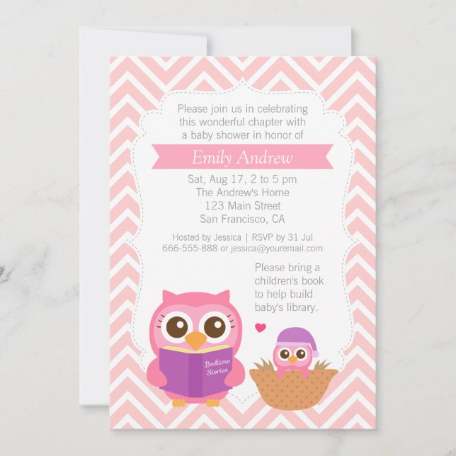 Rosa Chevron Bok Thmet Uggla Baby Shower Party Inbjudningar (Framsida)