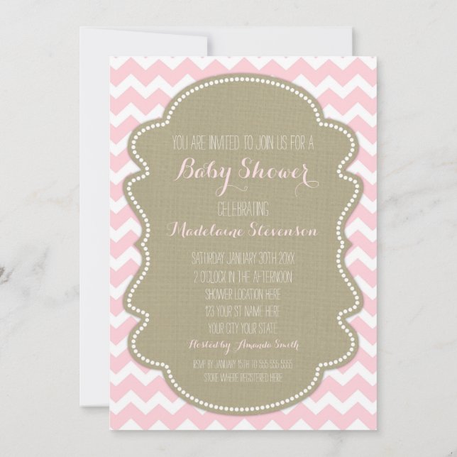 Rosa Chevron Burlap Baby Shower-inbjudningar Inbjudningar (Baksida)