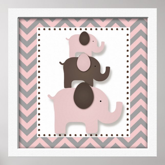 Rosa Chevron Elephant Nursery Wall Art Poster (Framsidan)