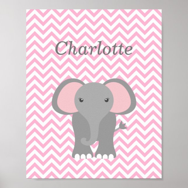 Rosa Chevron Elephant Personlig Nursery Decor Poster (Framsidan)