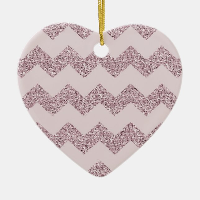 Rosa Chevron Faux Glitter Julgransprydnad Keramik (Framsidan)