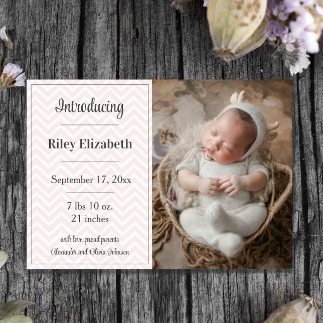 Rosa Chevron Foto Födelseannons Meddelande (Pink Chevron Photo Birth Announcement)