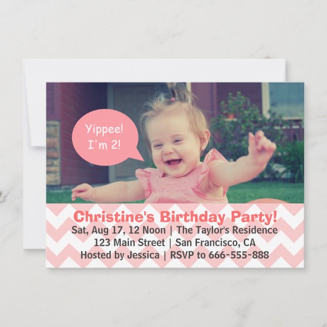 Rosa Chevron Girl Birthday, Tal Bubble, turs 2 Inbjudningar (Framsida)