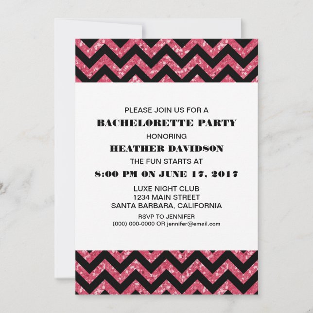 Rosa Chevron Glitter Bachelorette Party Inbjudningar (Framsida)