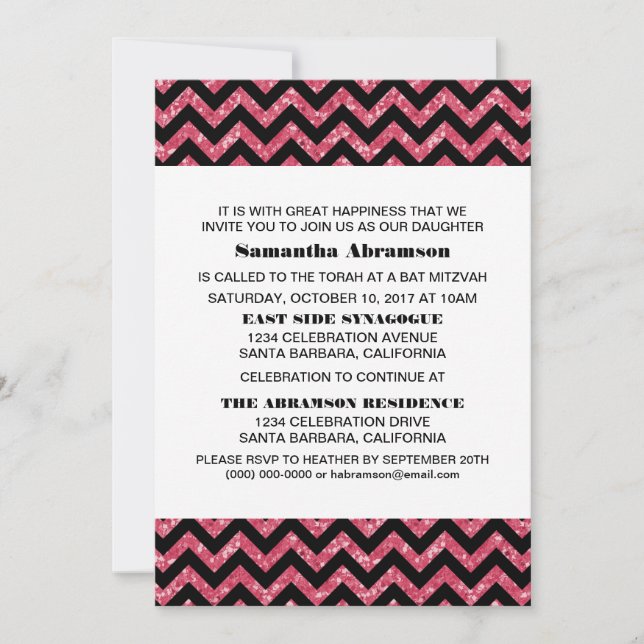Rosa Chevron Glitter Bat mitzvah Inbjudan (Framsida)