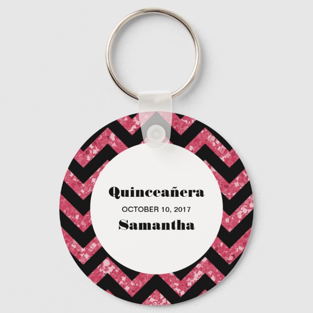 Rosa Chevron Glitter Quinceañera Keychain Nyckelring (Framsida)