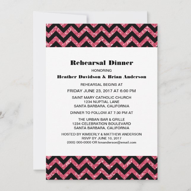 Rosa Chevron Glitter Rehearsal Dinner Inbjudan (Framsida)