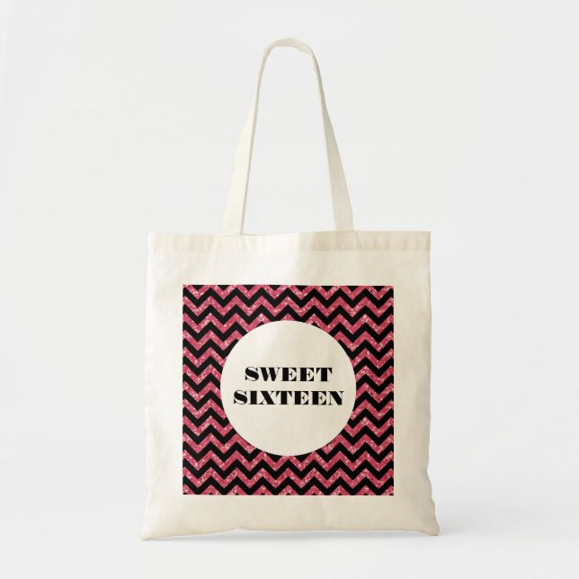 Rosa Chevron Glitter Sweet 16 Tote Bag Tygkasse (Framsidan)