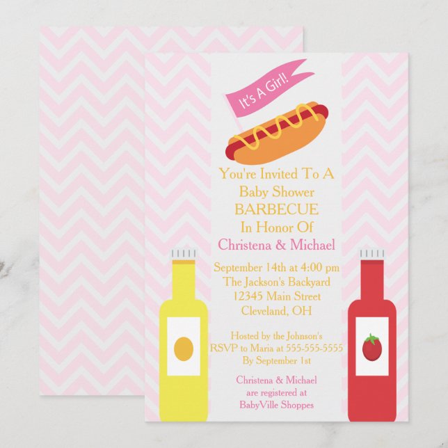 Rosa Chevron Hotdog BBQ Baby Shower-inbjudan Inbjudningar (Fram/baksida)