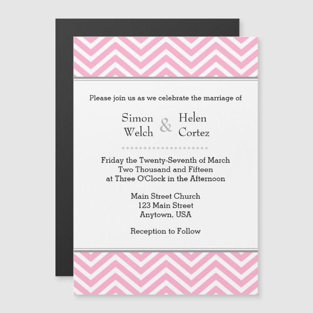 Rosa Chevron Magnetic Wedding bjudande Magnetisk Inbjudningskort (Fram/baksida)