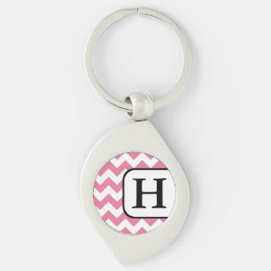 Rosa Chevron Monogram Keychain Swirl Silverfärgad Nyckelring