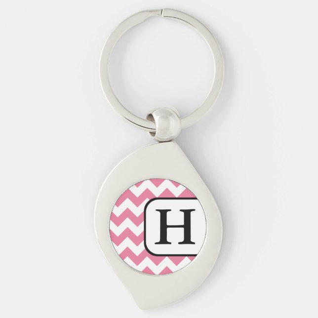 Rosa Chevron Monogram Keychain Swirl Silverfärgad Nyckelring (Framsidan)