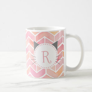 Rosa Chevron Mönster Cute Cat Monogram Kaffemugg