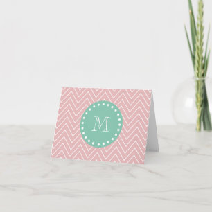 Rosa Chevron Mönster   Mint Grönt Monogram Anteckningskort