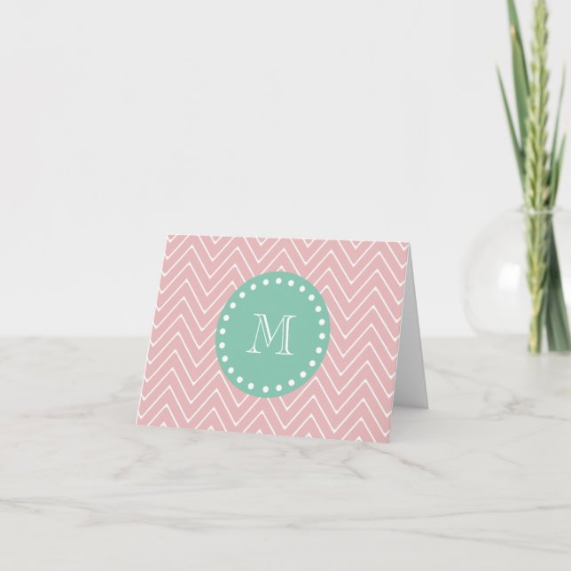 Rosa Chevron Mönster | Mint Grönt Monogram Anteckningskort (Framsida)