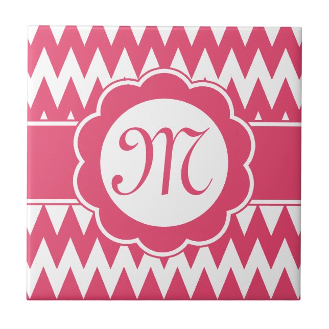 Rosa Chevron Mönster & Monogram Flower Kakelplatta (Framsidan)