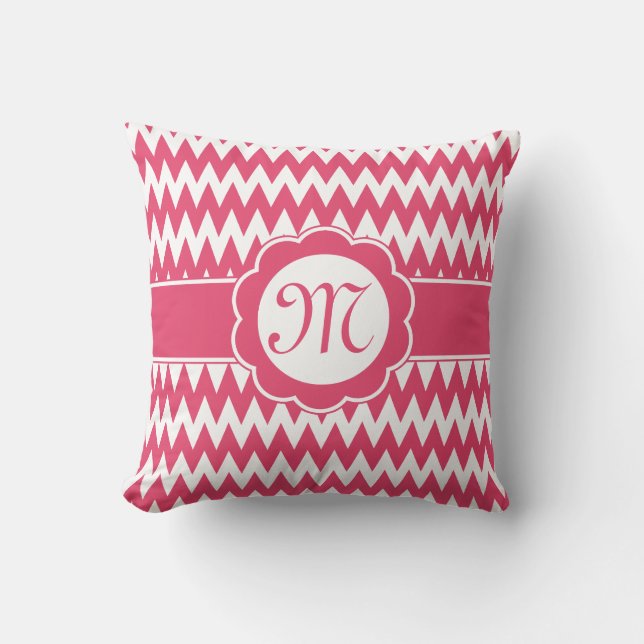 Rosa Chevron Mönster & Monogram Flower Kudde (Framsida)
