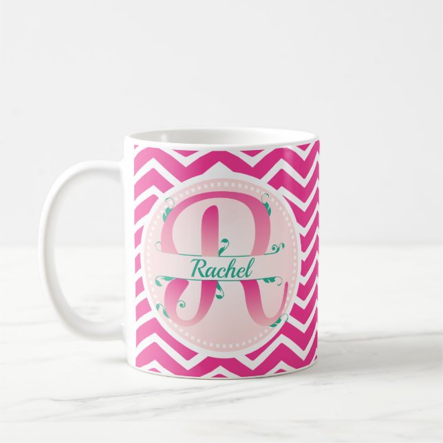 Rosa Chevron Mönster Monogram Kaffemugg (Vänster)