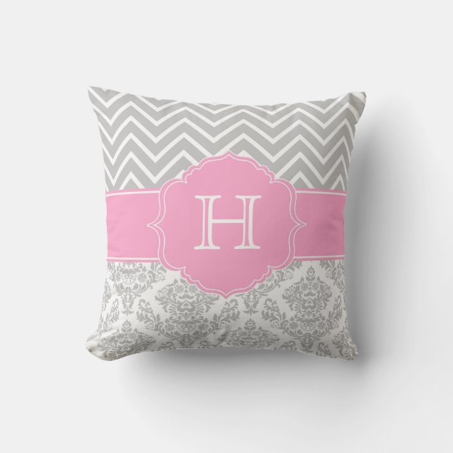 Rosa Chevron- och Damaskmonogrammängd Kudde (Framsida)