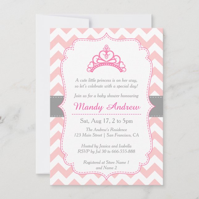 Rosa Chevron, Prinsess Krona, Tjej Bebis Shower Inbjudningar (Framsida)
