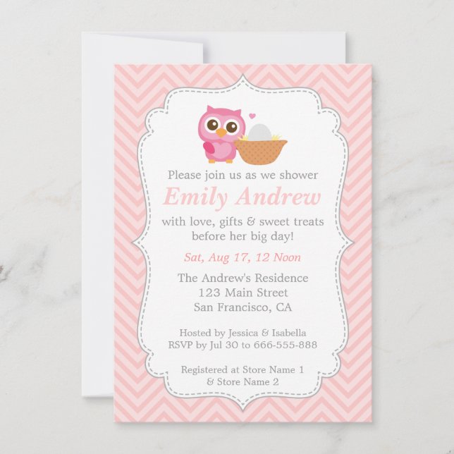 Rosa Chevron, Söt Ugglas Babyshower Inbjudningar (Framsida)