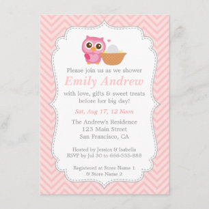 Rosa Chevron, Söt Ugglas Babyshower Inbjudningar