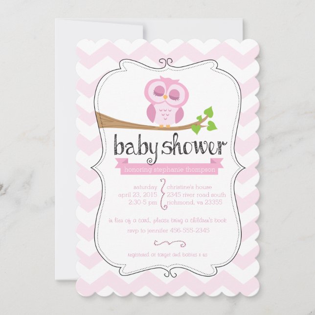 Rosa Chevron Uggla Baby Shower-inbjudan Inbjudningar (Framsida)