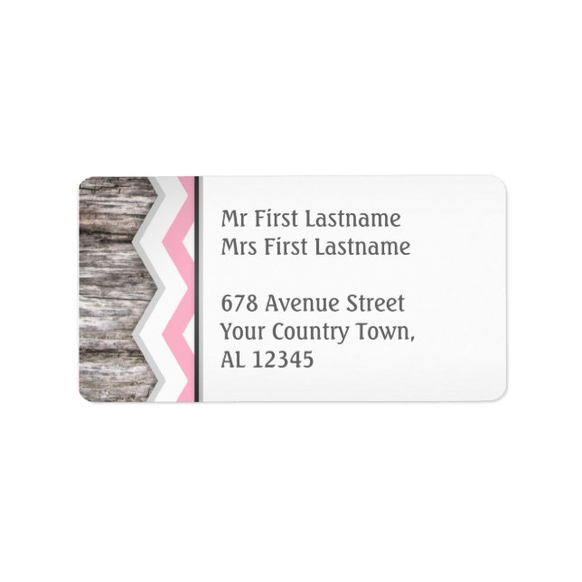 Rosa Chevron & Wood Rustic Adressetiketters Adressetikett (Framsidan)