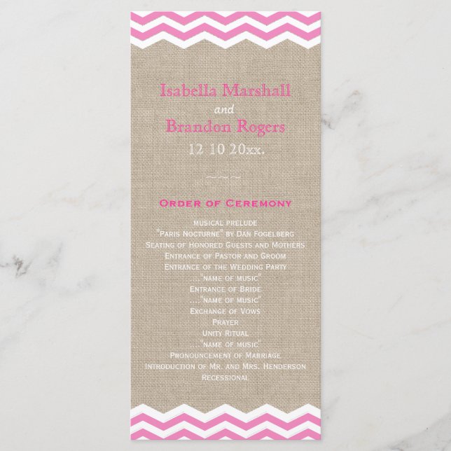 Rosa chevroner på bröllopsprogram med juteskånad program (Framsida)